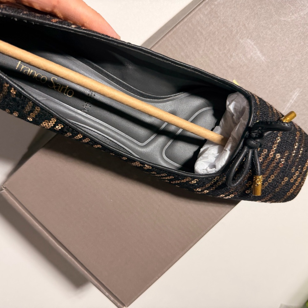 Franco Sarto Black and Gold Sequin Tweed Pumps